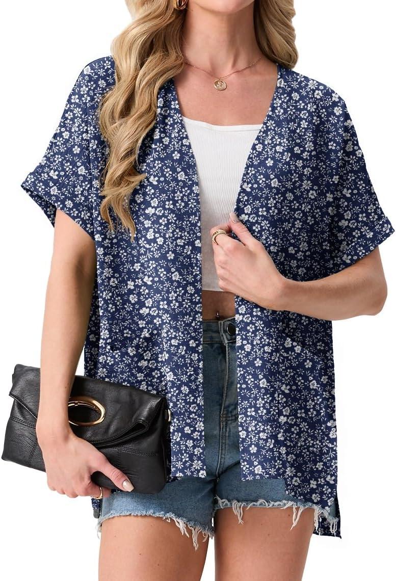 imageGRECERELLE Womens Summer Lightweight Cardigan with Pockets Short Sleeve Open Front Kimono Cover Up for Beach OfficeBlue Small Flower