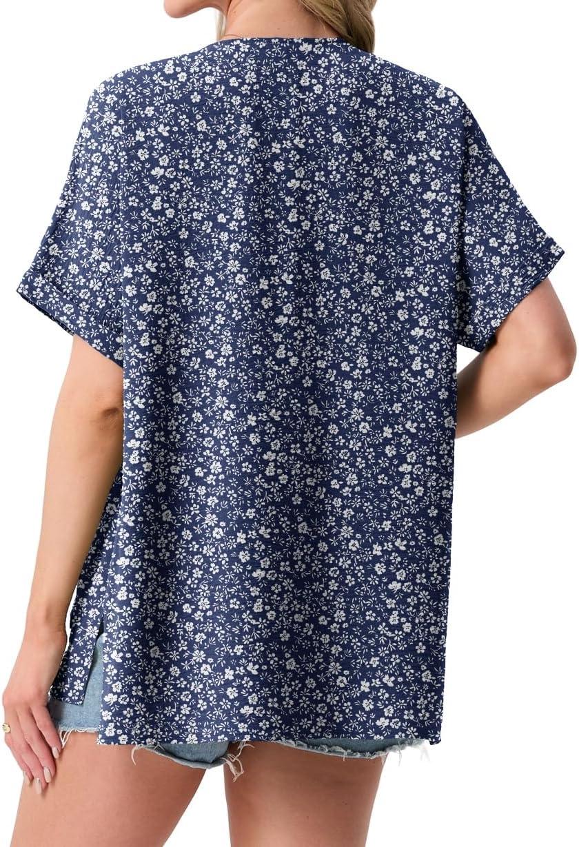imageGRECERELLE Womens Summer Lightweight Cardigan with Pockets Short Sleeve Open Front Kimono Cover Up for Beach OfficeBlue Small Flower