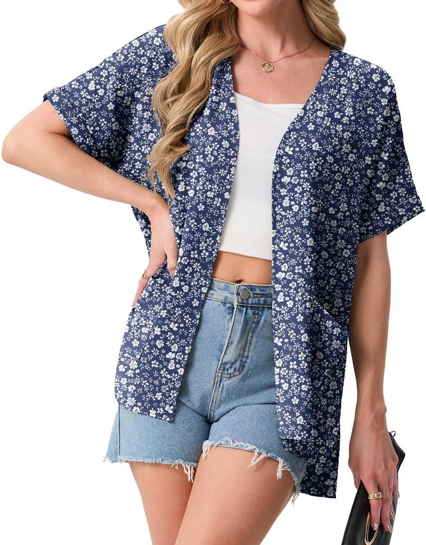 imageGRECERELLE Womens Summer Lightweight Cardigan with Pockets Short Sleeve Open Front Kimono Cover Up for Beach OfficeBlue Small Flower