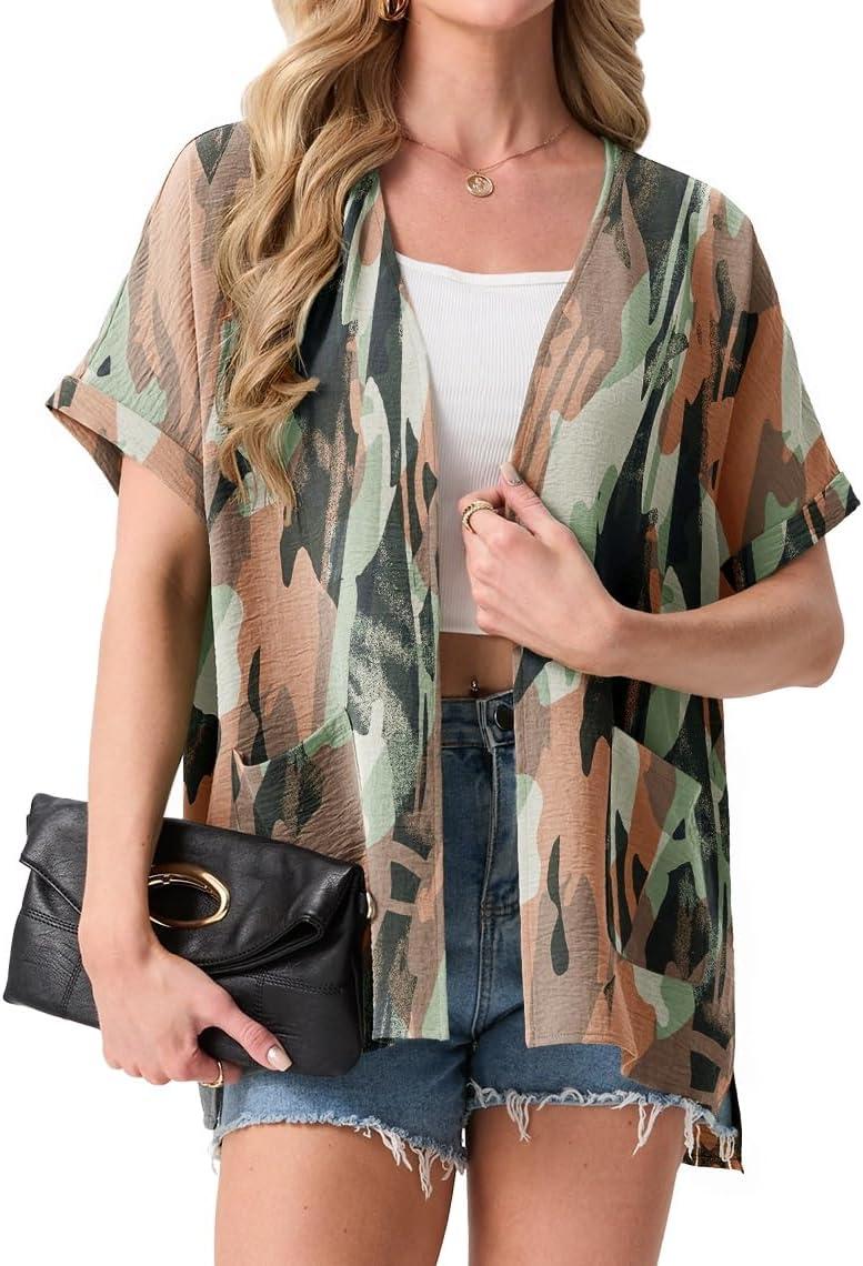imageGRECERELLE Womens Summer Lightweight Cardigan with Pockets Short Sleeve Open Front Kimono Cover Up for Beach OfficeCamou Green Pink