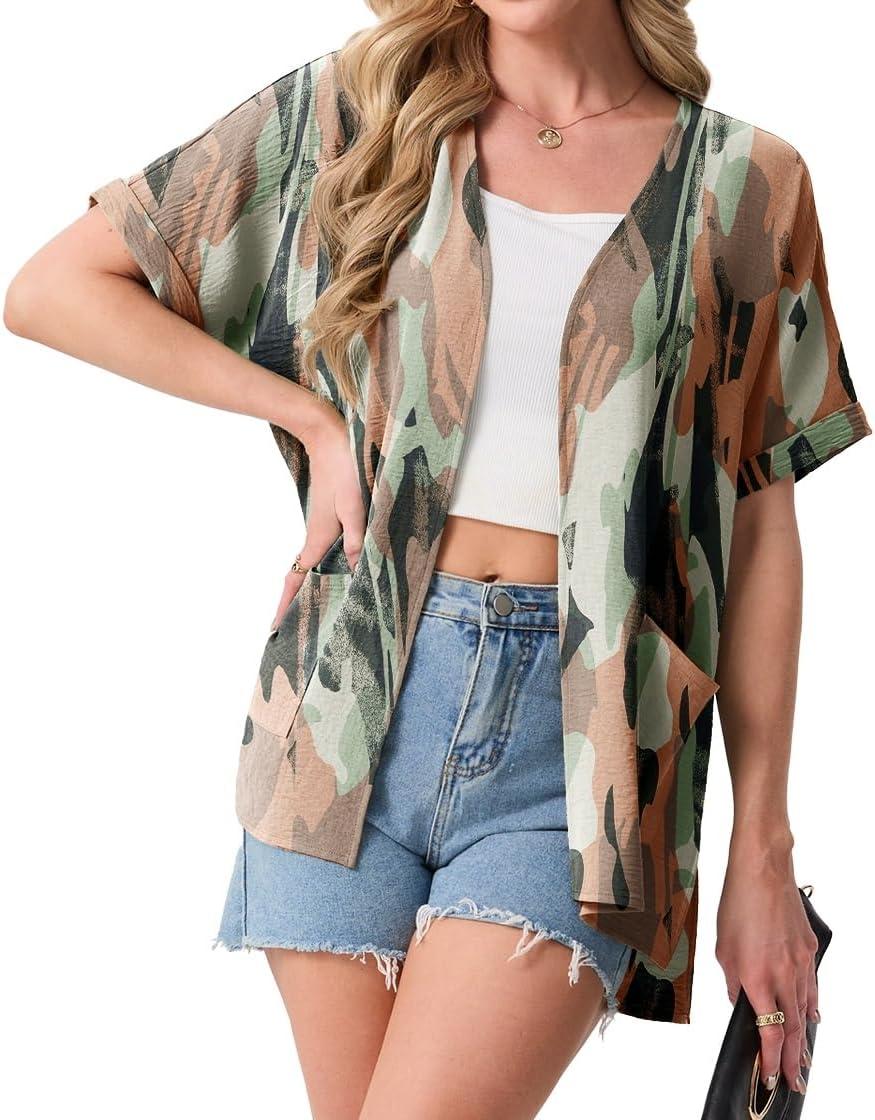 imageGRECERELLE Womens Summer Lightweight Cardigan with Pockets Short Sleeve Open Front Kimono Cover Up for Beach OfficeCamou Green Pink