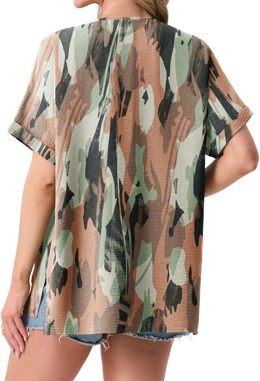 imageGRECERELLE Womens Summer Lightweight Cardigan with Pockets Short Sleeve Open Front Kimono Cover Up for Beach OfficeCamou Green Pink