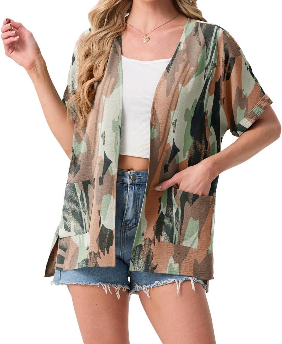 imageGRECERELLE Womens Summer Lightweight Cardigan with Pockets Short Sleeve Open Front Kimono Cover Up for Beach OfficeCamou Green Pink