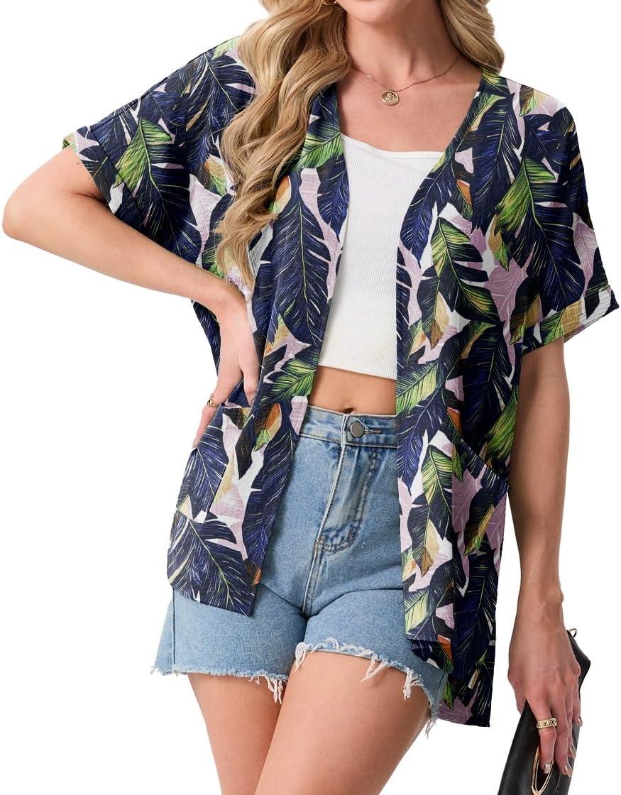imageGRECERELLE Womens Summer Lightweight Cardigan with Pockets Short Sleeve Open Front Kimono Cover Up for Beach OfficeColorful Banana Leaf