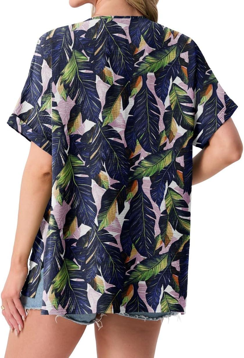 imageGRECERELLE Womens Summer Lightweight Cardigan with Pockets Short Sleeve Open Front Kimono Cover Up for Beach OfficeColorful Banana Leaf
