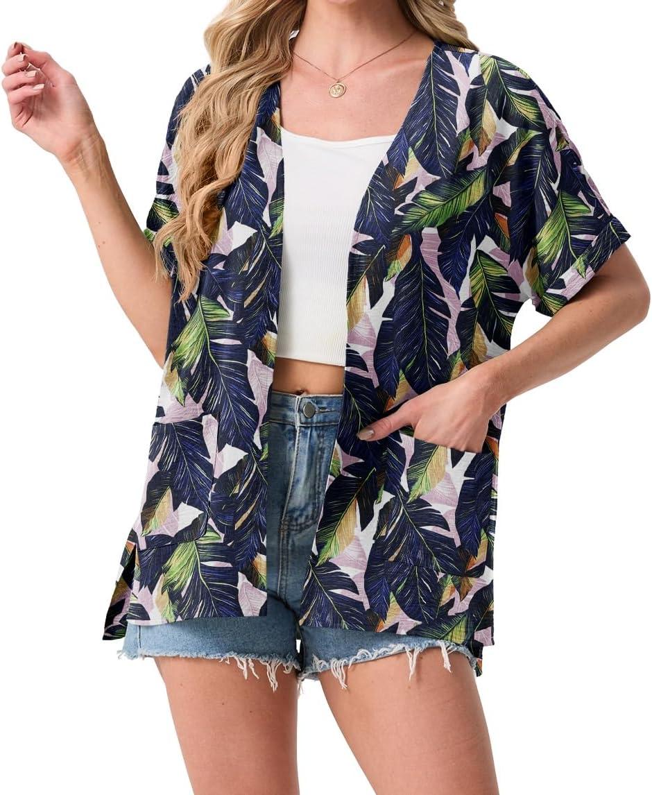 imageGRECERELLE Womens Summer Lightweight Cardigan with Pockets Short Sleeve Open Front Kimono Cover Up for Beach OfficeColorful Banana Leaf