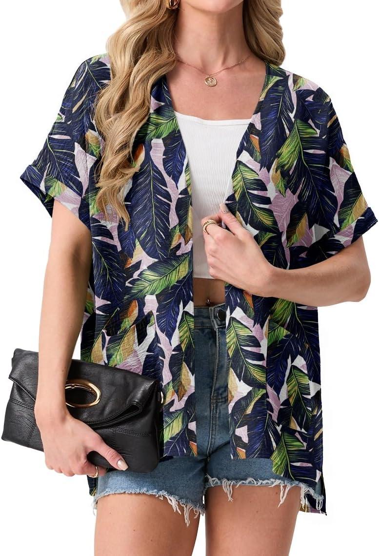 imageGRECERELLE Womens Summer Lightweight Cardigan with Pockets Short Sleeve Open Front Kimono Cover Up for Beach OfficeColorful Banana Leaf