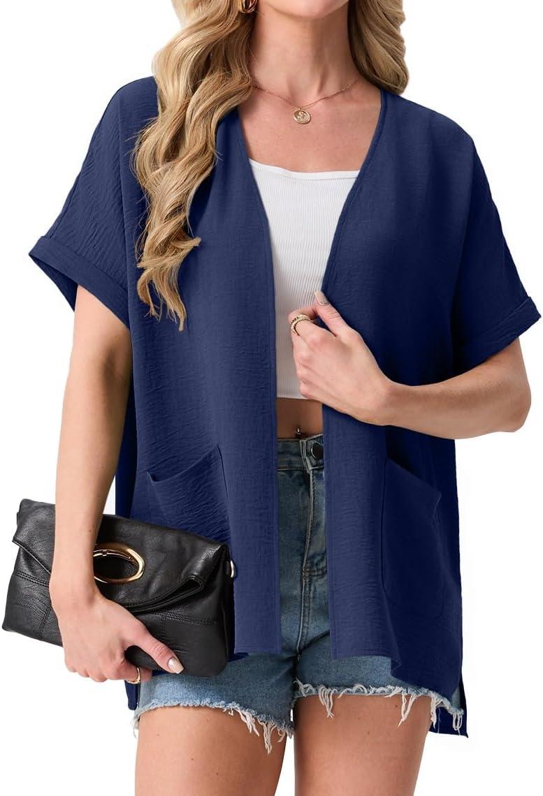 imageGRECERELLE Womens Summer Lightweight Cardigan with Pockets Short Sleeve Open Front Kimono Cover Up for Beach OfficeDark Blue