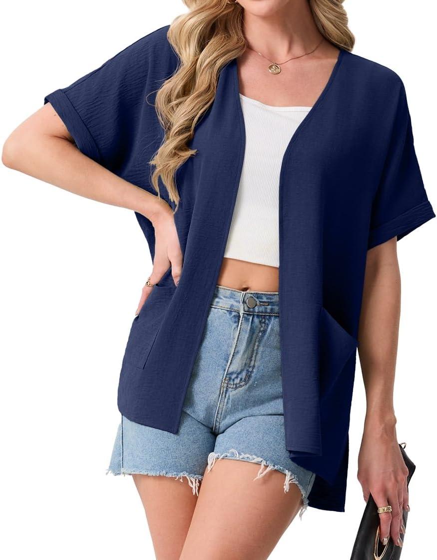 imageGRECERELLE Womens Summer Lightweight Cardigan with Pockets Short Sleeve Open Front Kimono Cover Up for Beach OfficeDark Blue