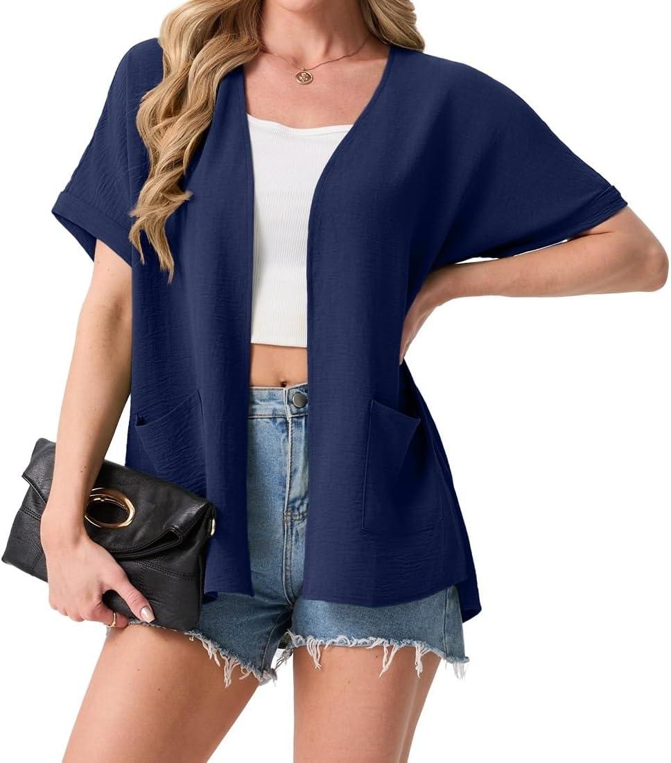 imageGRECERELLE Womens Summer Lightweight Cardigan with Pockets Short Sleeve Open Front Kimono Cover Up for Beach OfficeDark Blue