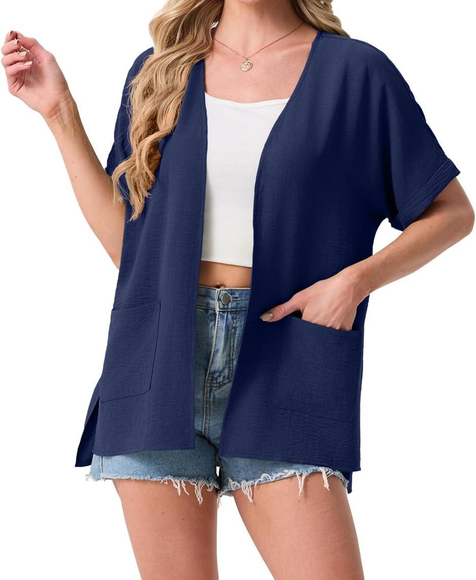 imageGRECERELLE Womens Summer Lightweight Cardigan with Pockets Short Sleeve Open Front Kimono Cover Up for Beach OfficeDark Blue