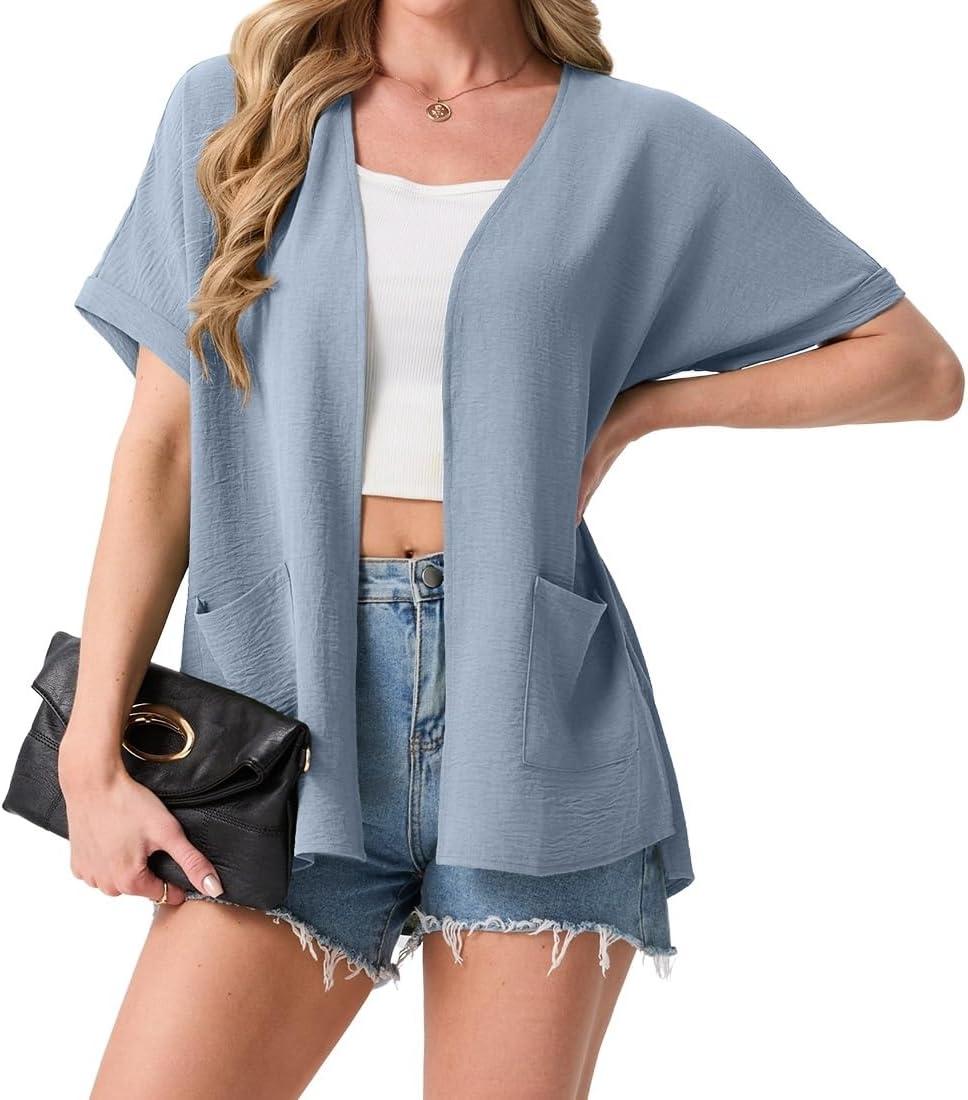 imageGRECERELLE Womens Summer Lightweight Cardigan with Pockets Short Sleeve Open Front Kimono Cover Up for Beach OfficeHaze Blue