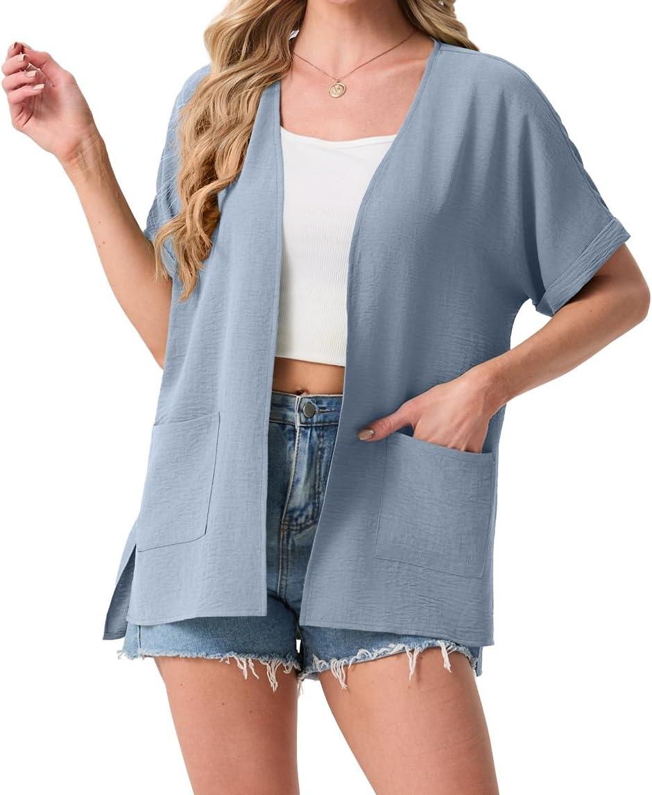imageGRECERELLE Womens Summer Lightweight Cardigan with Pockets Short Sleeve Open Front Kimono Cover Up for Beach OfficeHaze Blue