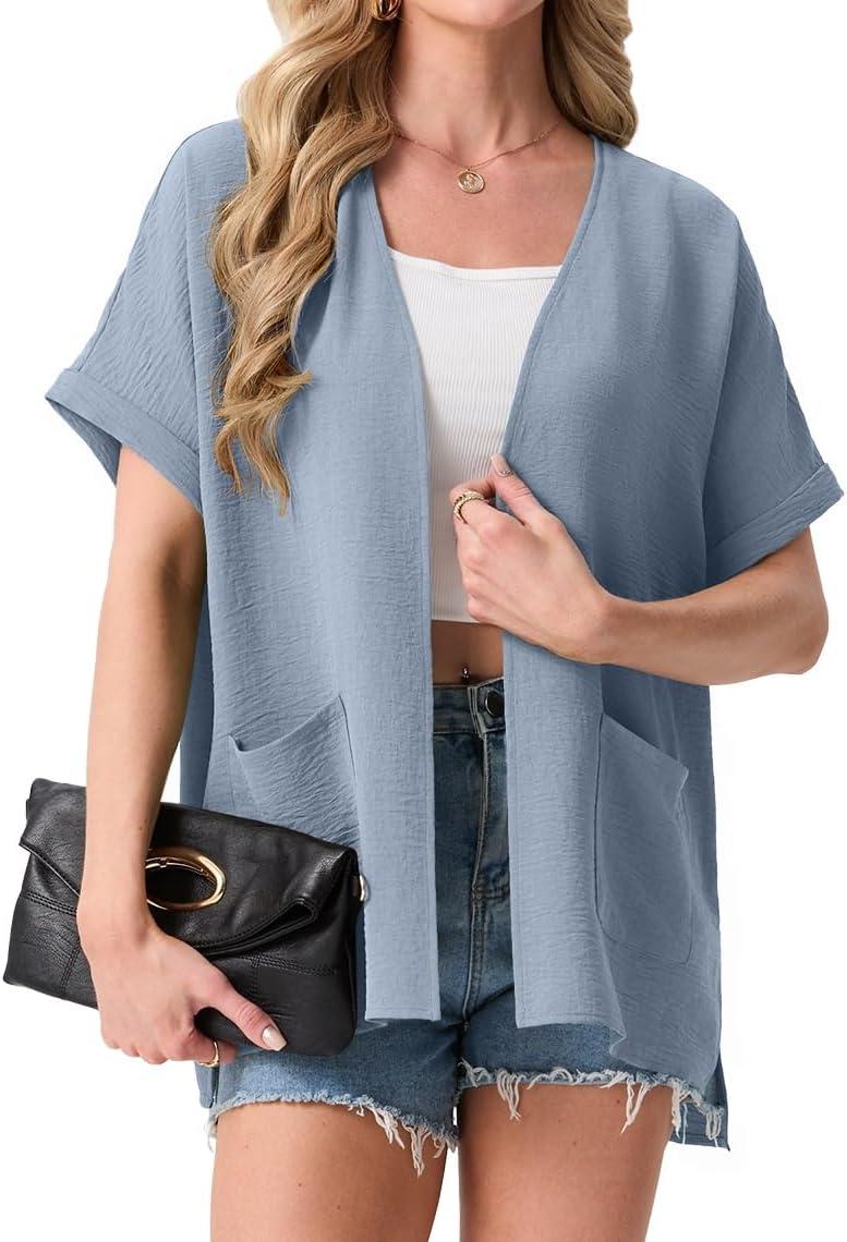 imageGRECERELLE Womens Summer Lightweight Cardigan with Pockets Short Sleeve Open Front Kimono Cover Up for Beach OfficeHaze Blue