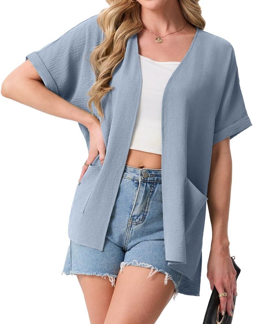 imageGRECERELLE Womens Summer Lightweight Cardigan with Pockets Short Sleeve Open Front Kimono Cover Up for Beach OfficeHaze Blue