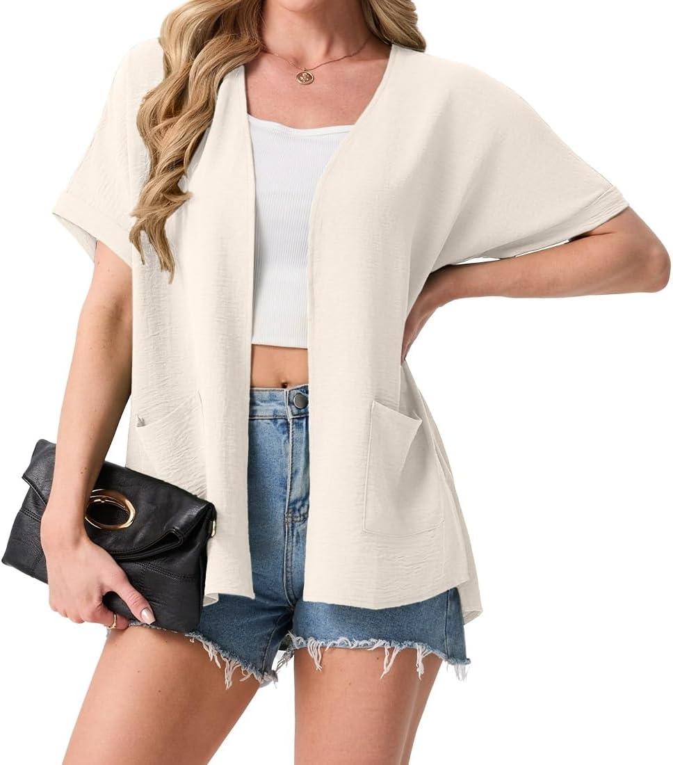 imageGRECERELLE Womens Summer Lightweight Cardigan with Pockets Short Sleeve Open Front Kimono Cover Up for Beach OfficeIvory White