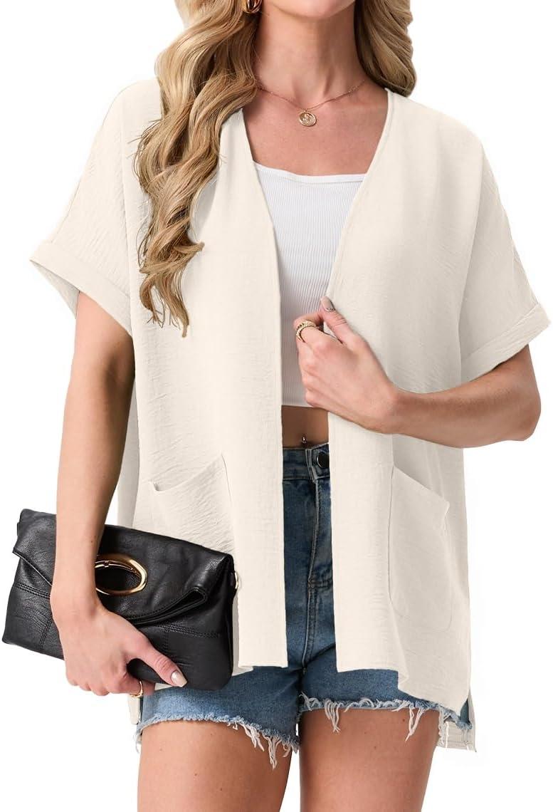 imageGRECERELLE Womens Summer Lightweight Cardigan with Pockets Short Sleeve Open Front Kimono Cover Up for Beach OfficeIvory White