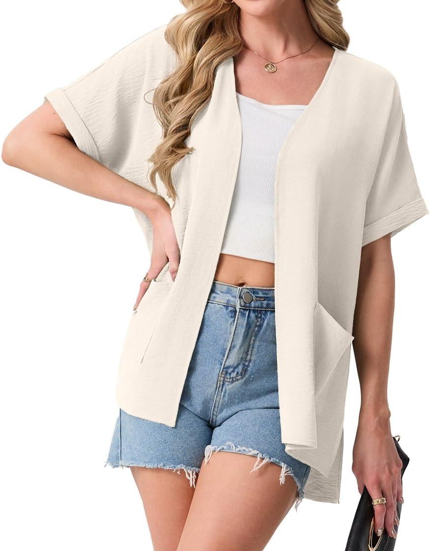imageGRECERELLE Womens Summer Lightweight Cardigan with Pockets Short Sleeve Open Front Kimono Cover Up for Beach OfficeIvory White