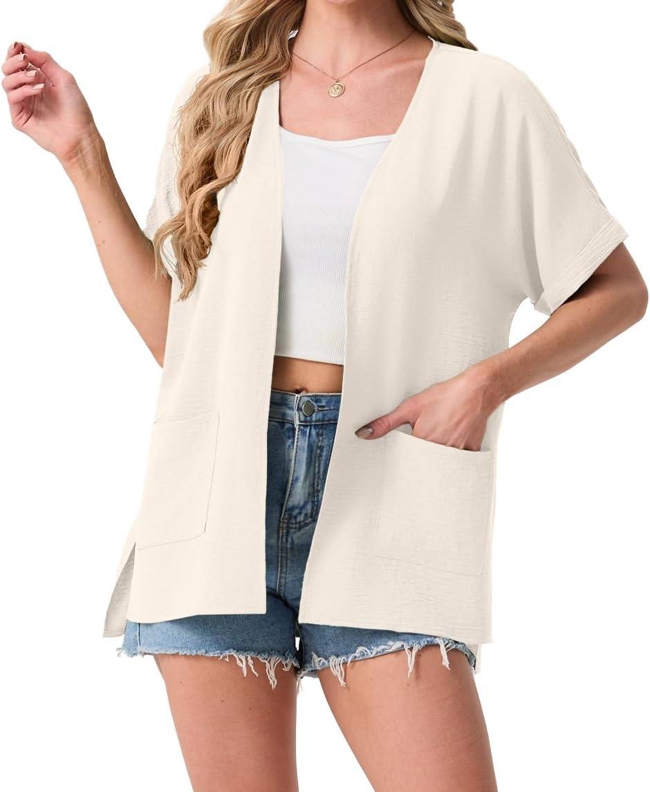 imageGRECERELLE Womens Summer Lightweight Cardigan with Pockets Short Sleeve Open Front Kimono Cover Up for Beach OfficeIvory White