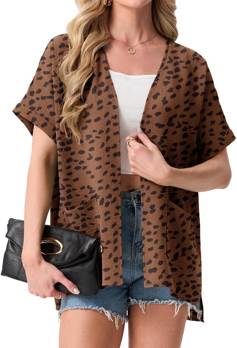 imageGRECERELLE Womens Summer Lightweight Cardigan with Pockets Short Sleeve Open Front Kimono Cover Up for Beach OfficeLeopard Print Coffee