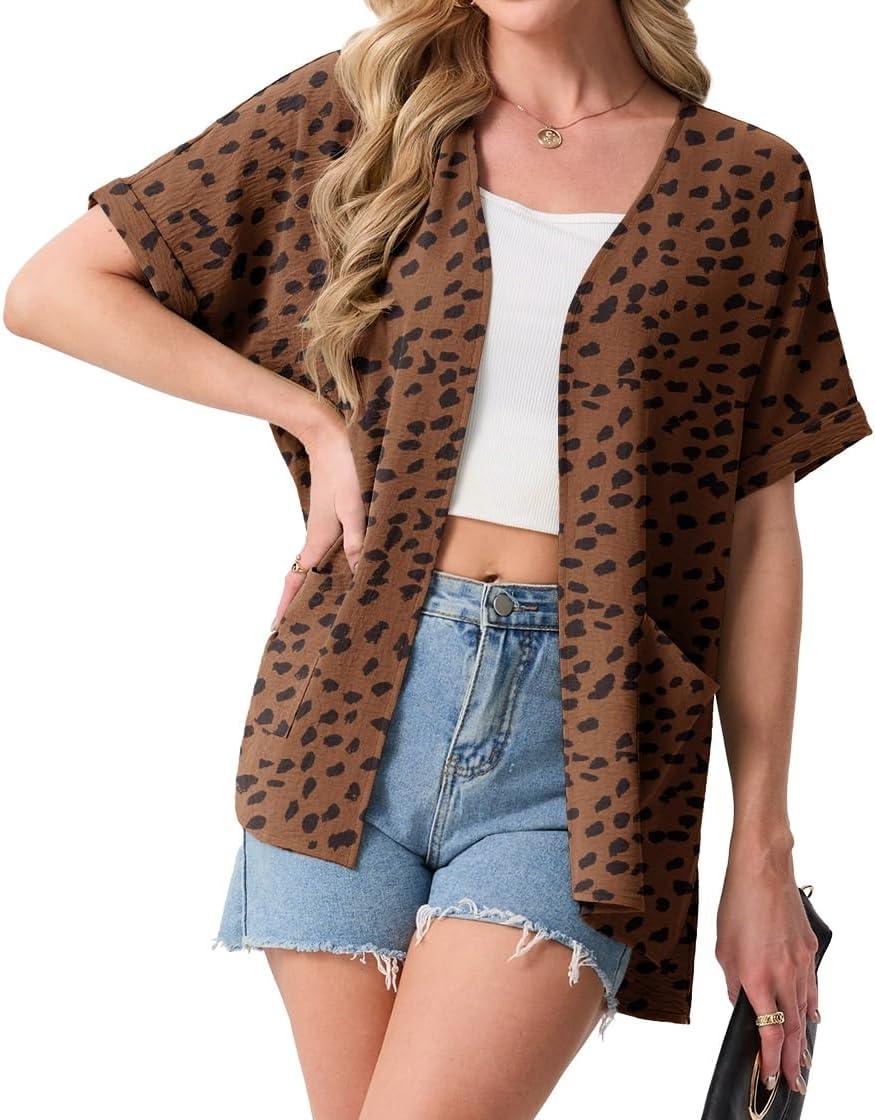 imageGRECERELLE Womens Summer Lightweight Cardigan with Pockets Short Sleeve Open Front Kimono Cover Up for Beach OfficeLeopard Print Coffee