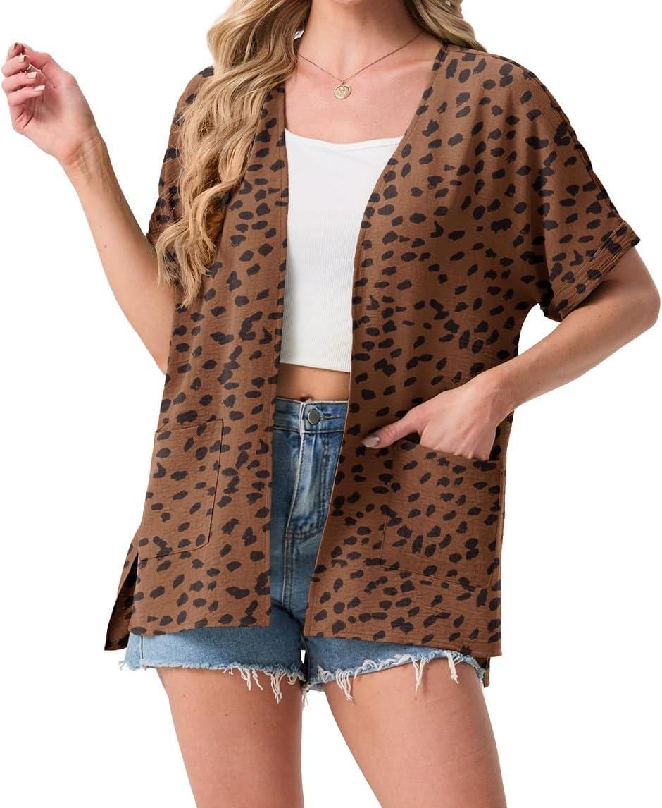 imageGRECERELLE Womens Summer Lightweight Cardigan with Pockets Short Sleeve Open Front Kimono Cover Up for Beach OfficeLeopard Print Coffee