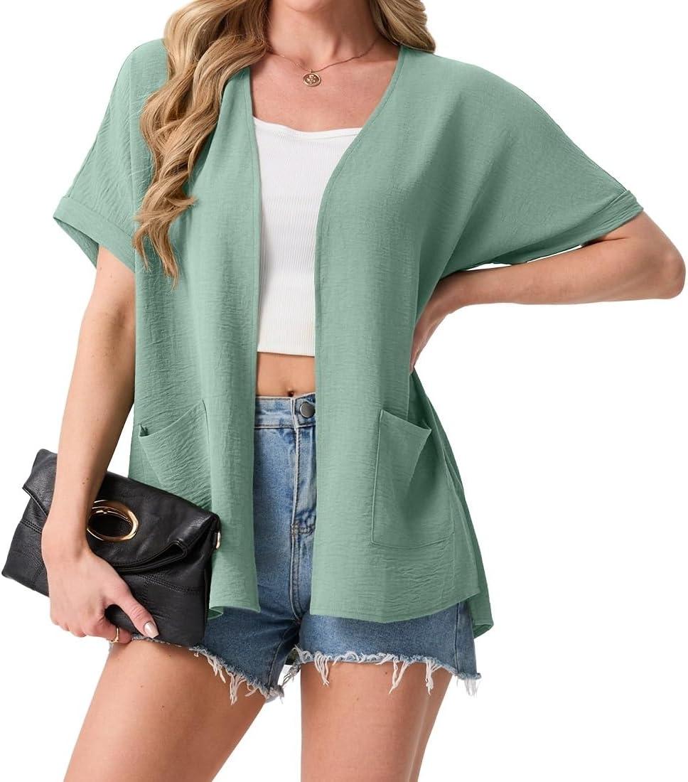 imageGRECERELLE Womens Summer Lightweight Cardigan with Pockets Short Sleeve Open Front Kimono Cover Up for Beach OfficeMint Green