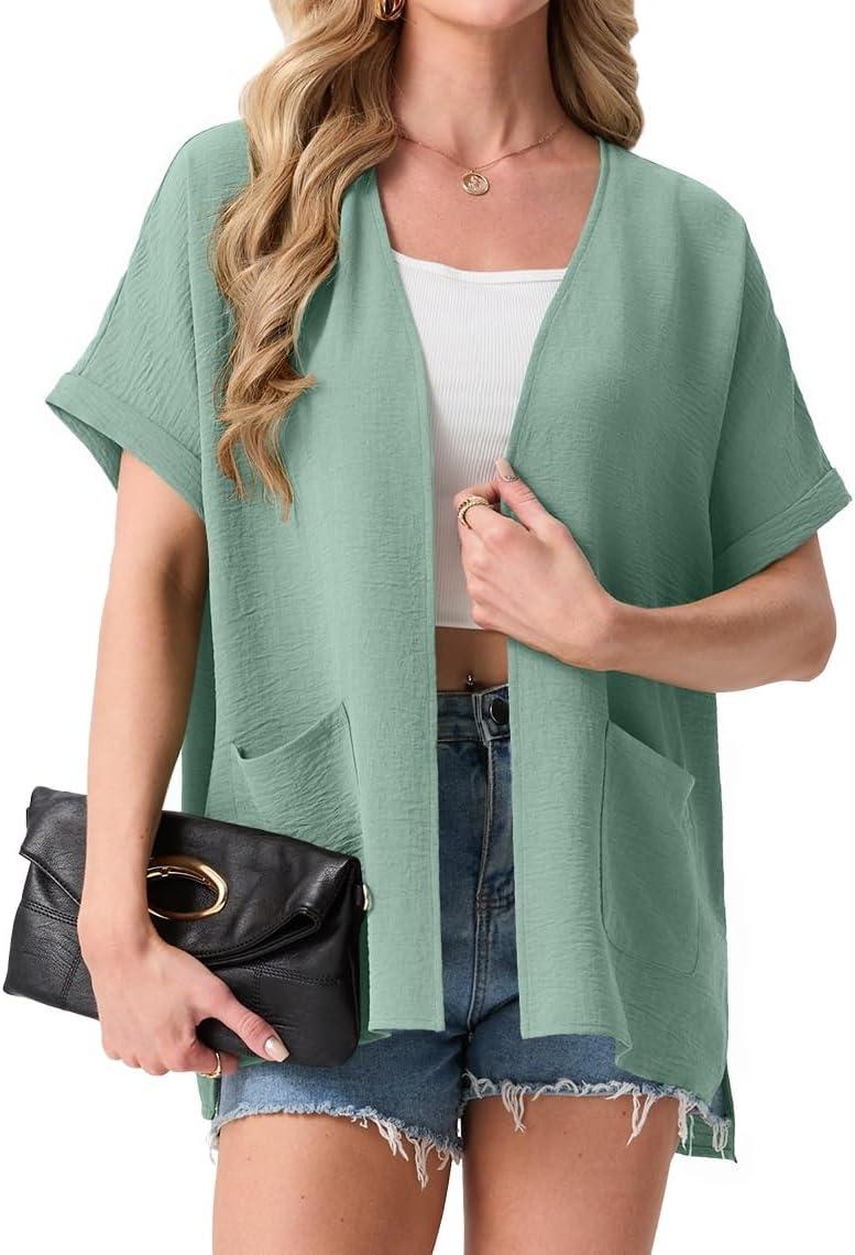 imageGRECERELLE Womens Summer Lightweight Cardigan with Pockets Short Sleeve Open Front Kimono Cover Up for Beach OfficeMint Green