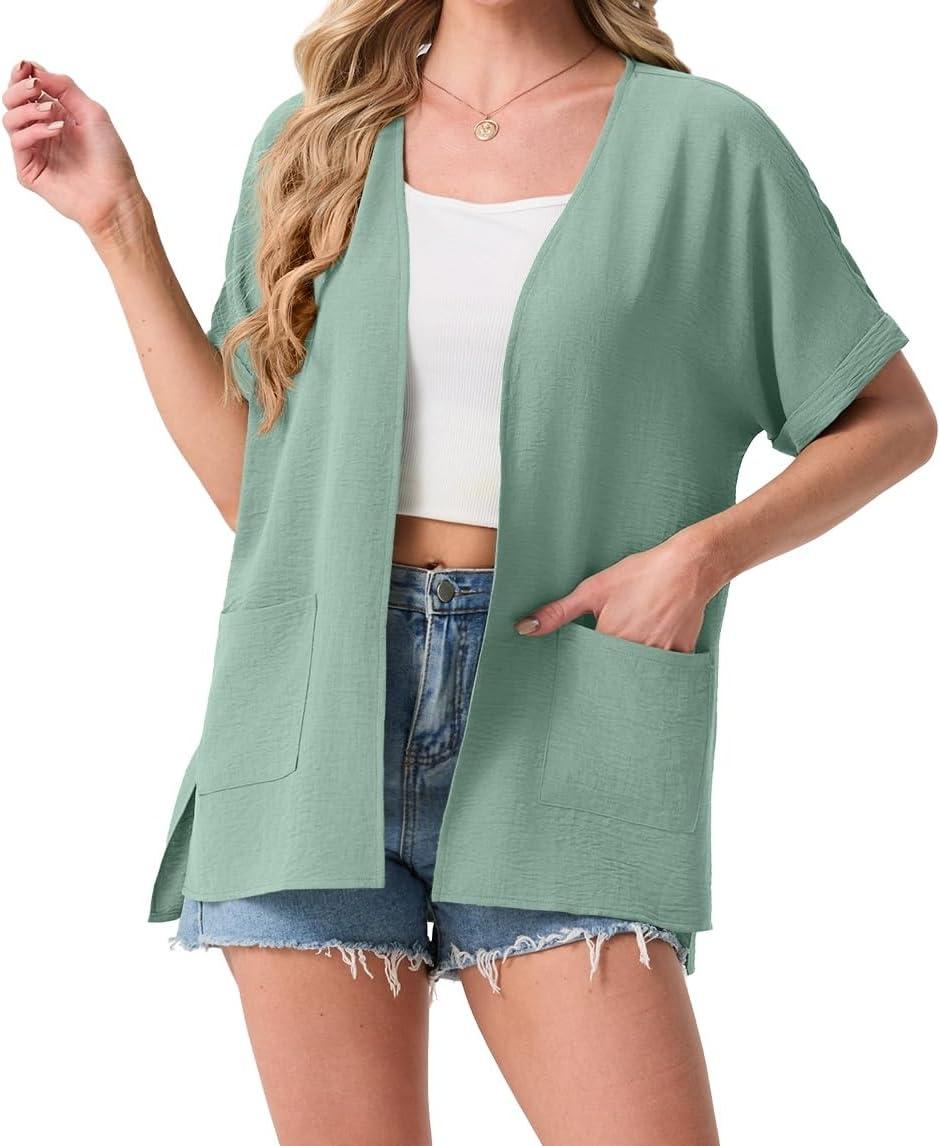 imageGRECERELLE Womens Summer Lightweight Cardigan with Pockets Short Sleeve Open Front Kimono Cover Up for Beach OfficeMint Green
