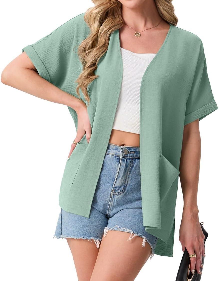 imageGRECERELLE Womens Summer Lightweight Cardigan with Pockets Short Sleeve Open Front Kimono Cover Up for Beach OfficeMint Green
