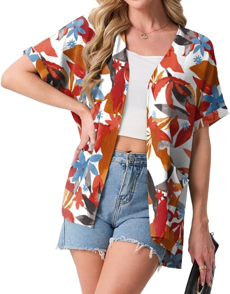imageGRECERELLE Womens Summer Lightweight Cardigan with Pockets Short Sleeve Open Front Kimono Cover Up for Beach OfficeWhite Maple