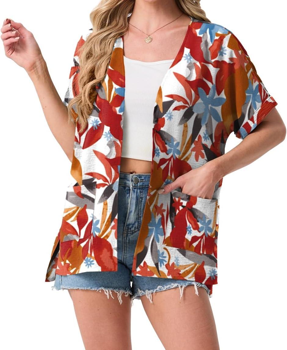 imageGRECERELLE Womens Summer Lightweight Cardigan with Pockets Short Sleeve Open Front Kimono Cover Up for Beach OfficeWhite Maple