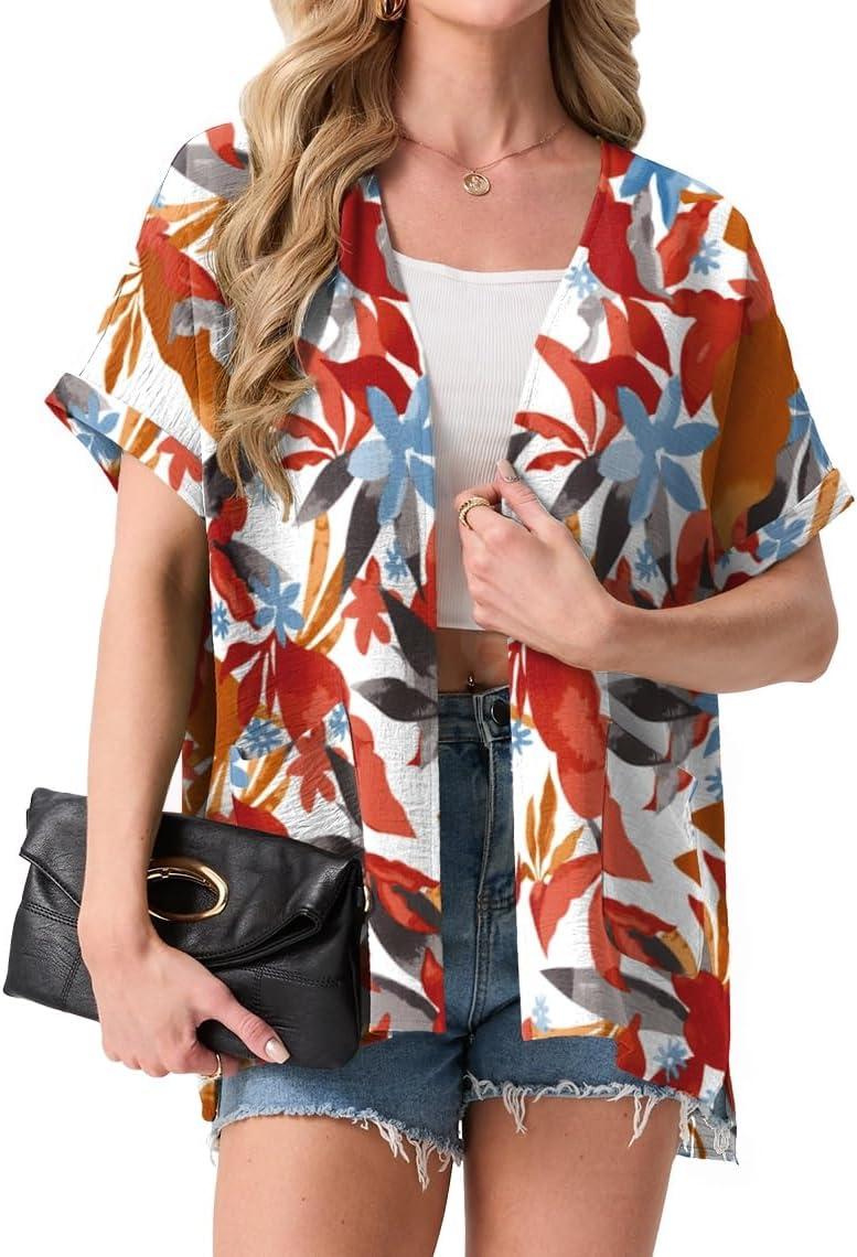 imageGRECERELLE Womens Summer Lightweight Cardigan with Pockets Short Sleeve Open Front Kimono Cover Up for Beach OfficeWhite Maple