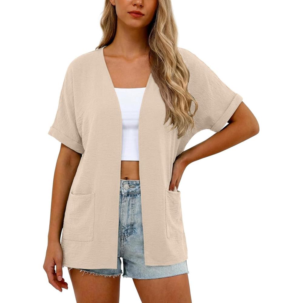 imageGRECERELLE Womens Summer Lightweight Cardigan with Pockets Short Sleeve Open Front Kimono Cover Up for Beach OfficeApricot