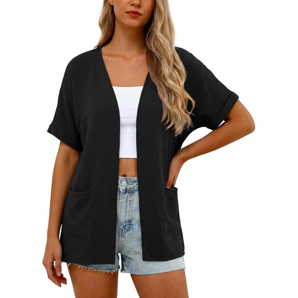 imageGRECERELLE Womens Summer Lightweight Cardigan with Pockets Short Sleeve Open Front Kimono Cover Up for Beach OfficeBlack