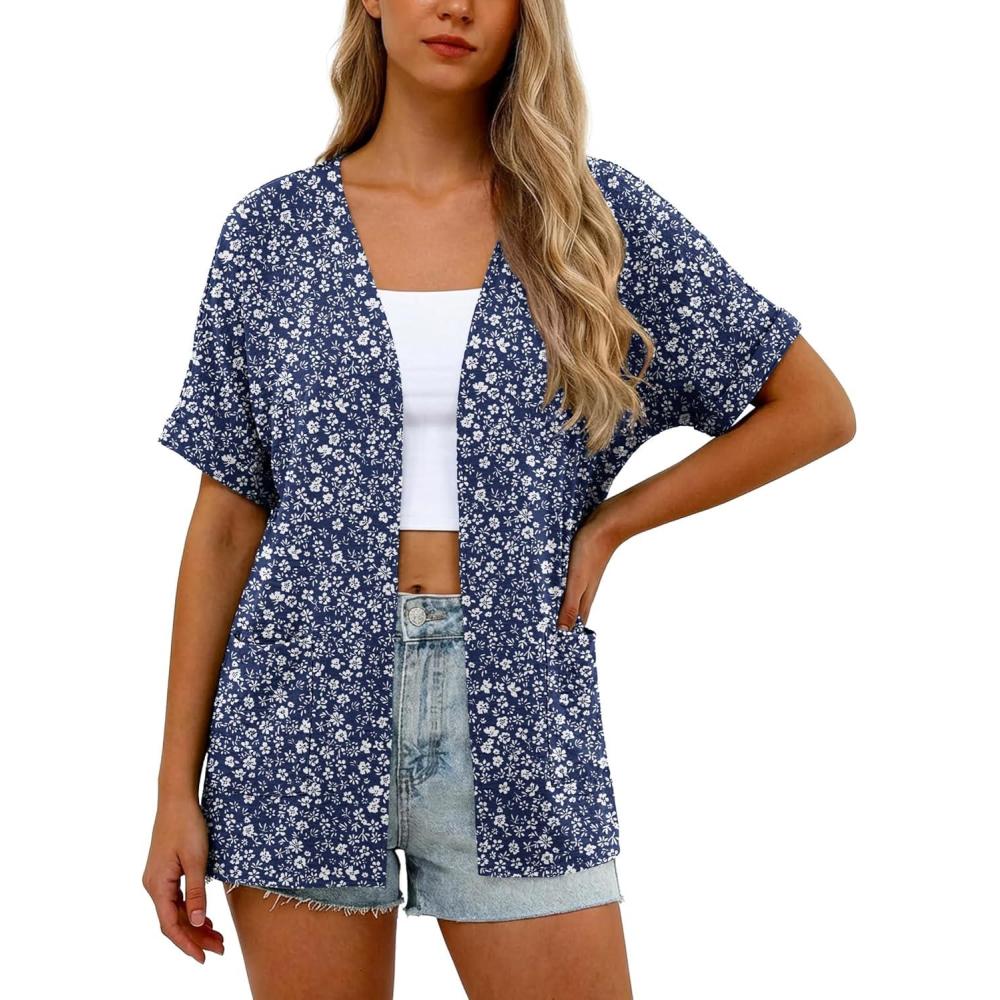 imageGRECERELLE Womens Summer Lightweight Cardigan with Pockets Short Sleeve Open Front Kimono Cover Up for Beach OfficeBlue Small Flower