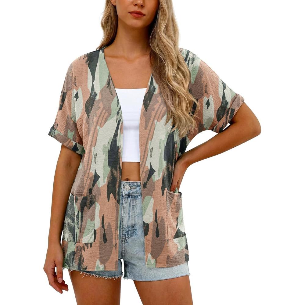 imageGRECERELLE Womens Summer Lightweight Cardigan with Pockets Short Sleeve Open Front Kimono Cover Up for Beach OfficeCamou Green Pink