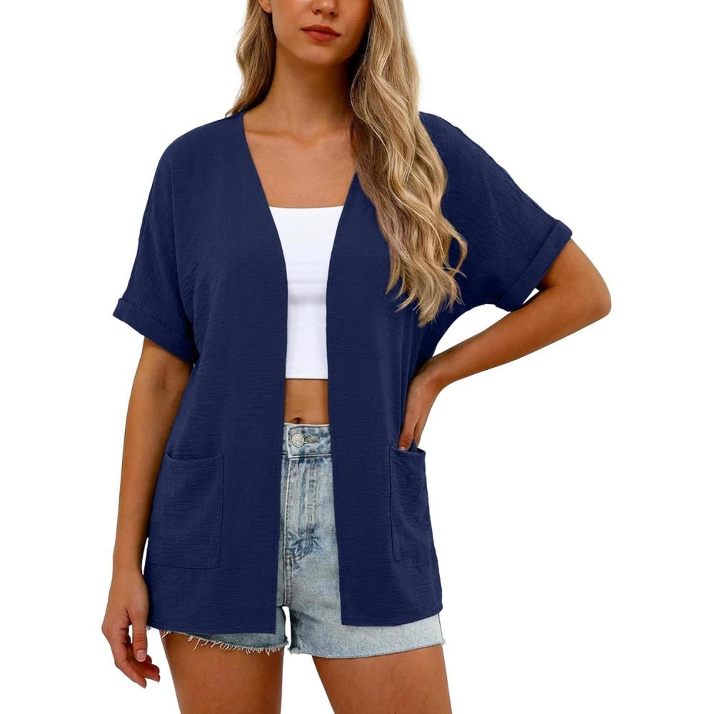 imageGRECERELLE Womens Summer Lightweight Cardigan with Pockets Short Sleeve Open Front Kimono Cover Up for Beach OfficeDark Blue