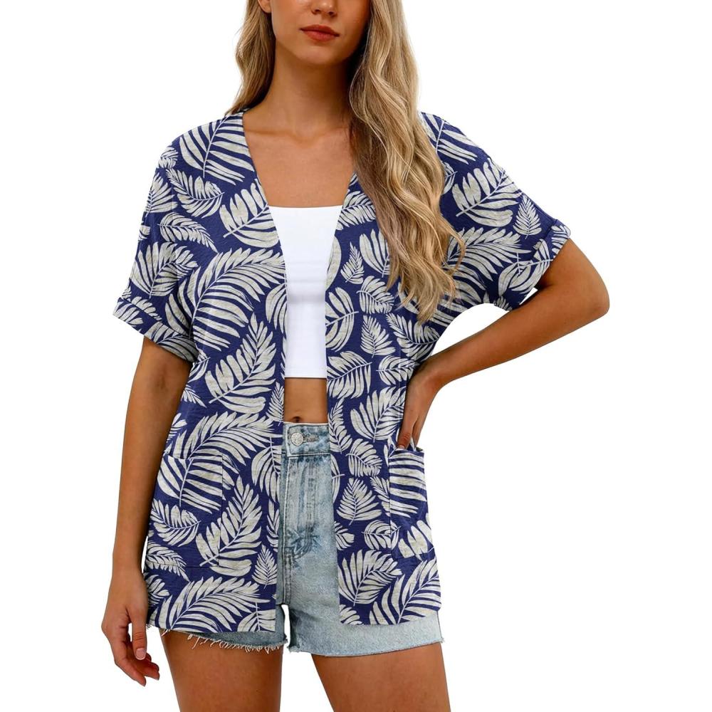 imageGRECERELLE Womens Summer Lightweight Cardigan with Pockets Short Sleeve Open Front Kimono Cover Up for Beach OfficeDark Blue Palm Leaf