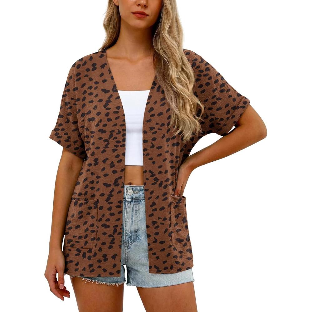 imageGRECERELLE Womens Summer Lightweight Cardigan with Pockets Short Sleeve Open Front Kimono Cover Up for Beach OfficeLeopard Print Coffee