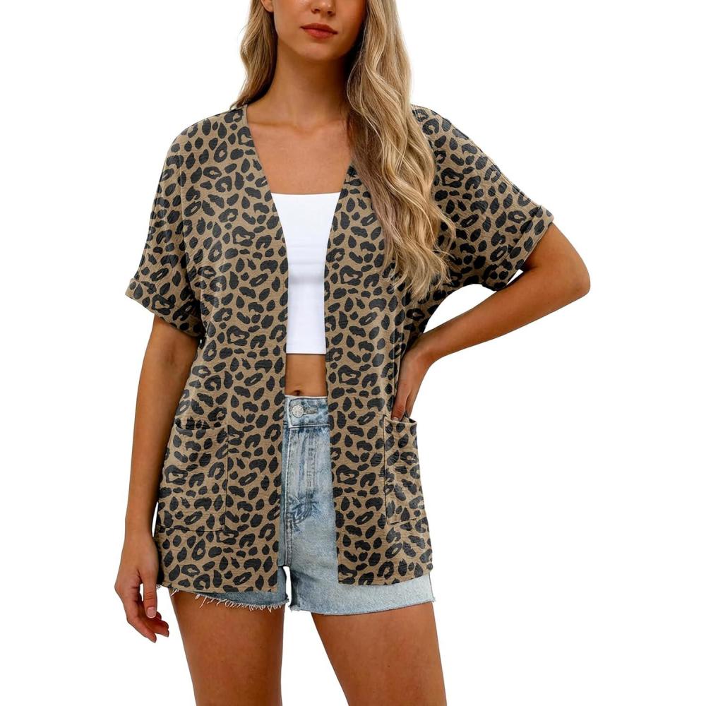 imageGRECERELLE Womens Summer Lightweight Cardigan with Pockets Short Sleeve Open Front Kimono Cover Up for Beach OfficeLeopard Print Dark Khaki