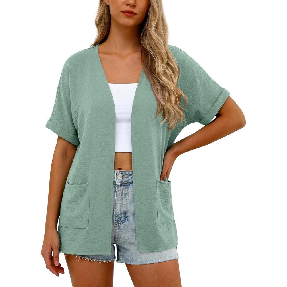 imageGRECERELLE Womens Summer Lightweight Cardigan with Pockets Short Sleeve Open Front Kimono Cover Up for Beach OfficeMint Green