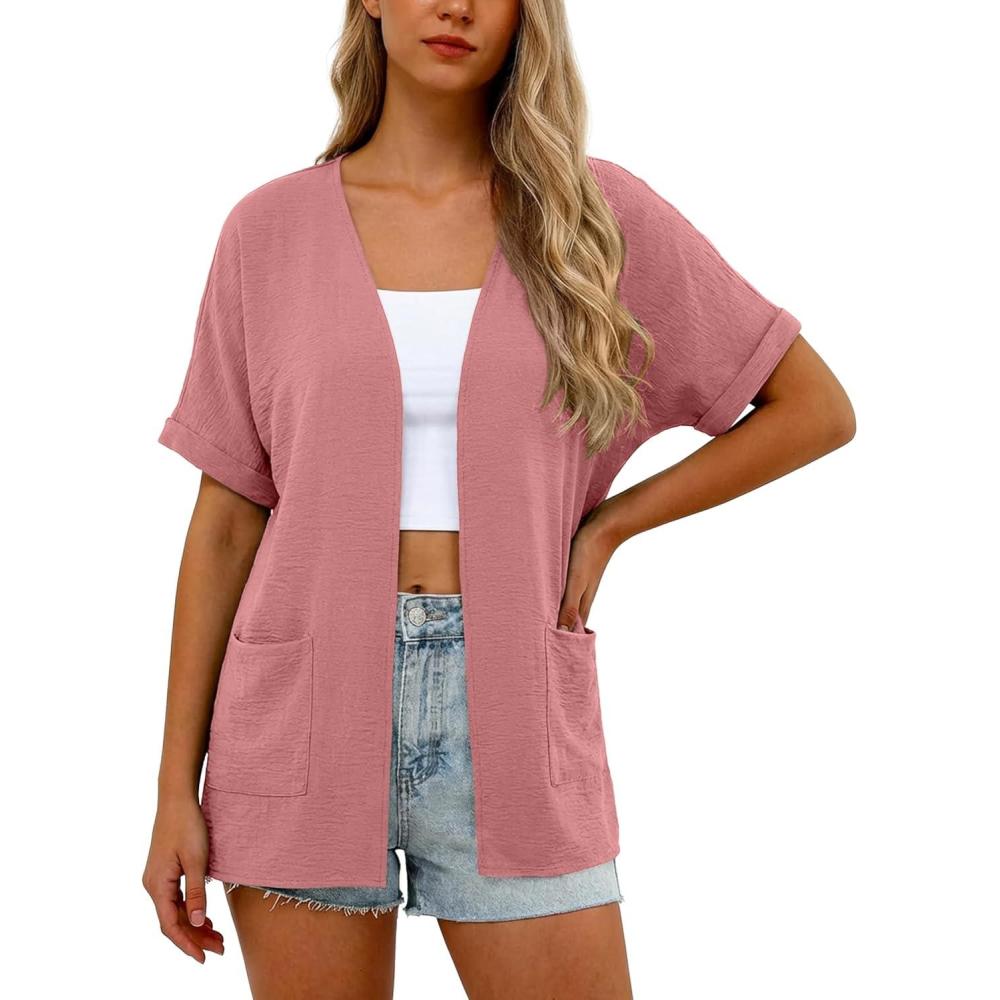 imageGRECERELLE Womens Summer Lightweight Cardigan with Pockets Short Sleeve Open Front Kimono Cover Up for Beach OfficePeach Pink