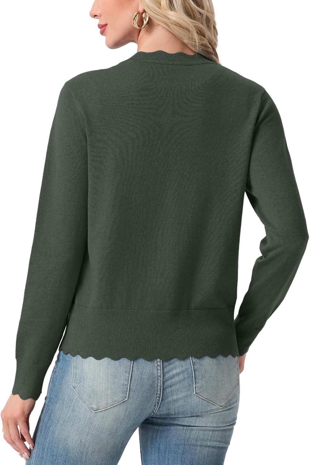 imageGRECERELLE Womens Lightweight Cardigan Casual Knit Open Front Button Scalloped Edge Sweater for Office Work CasualArmy Green