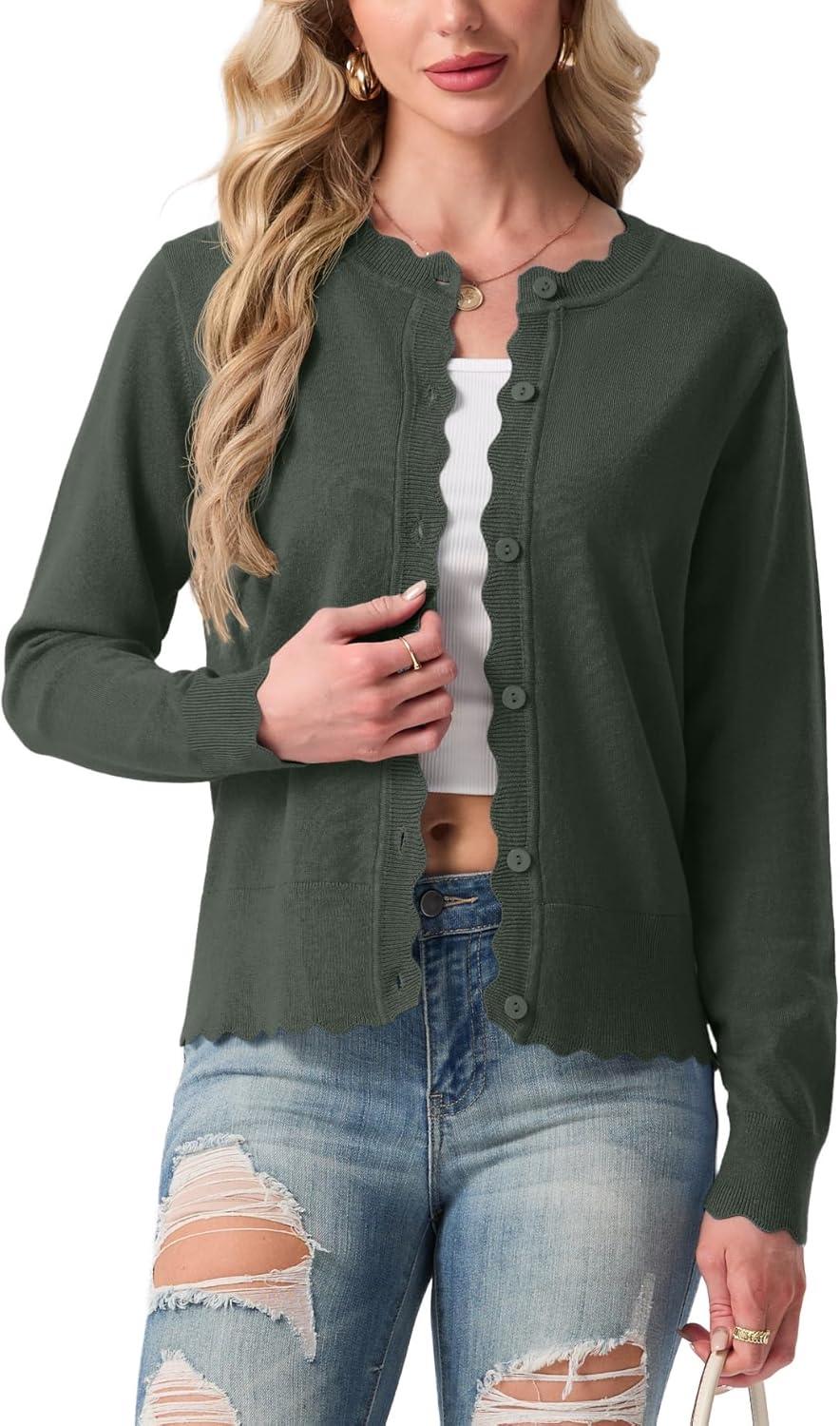 imageGRECERELLE Womens Lightweight Cardigan Casual Knit Open Front Button Scalloped Edge Sweater for Office Work CasualArmy Green