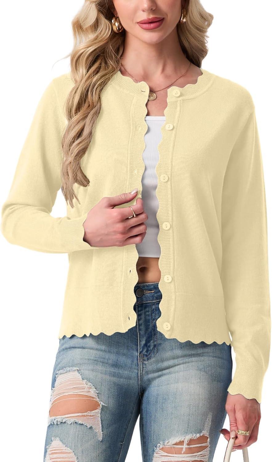 imageGRECERELLE Womens Lightweight Cardigan Casual Knit Open Front Button Scalloped Edge Sweater for Office Work CasualButter Yellow