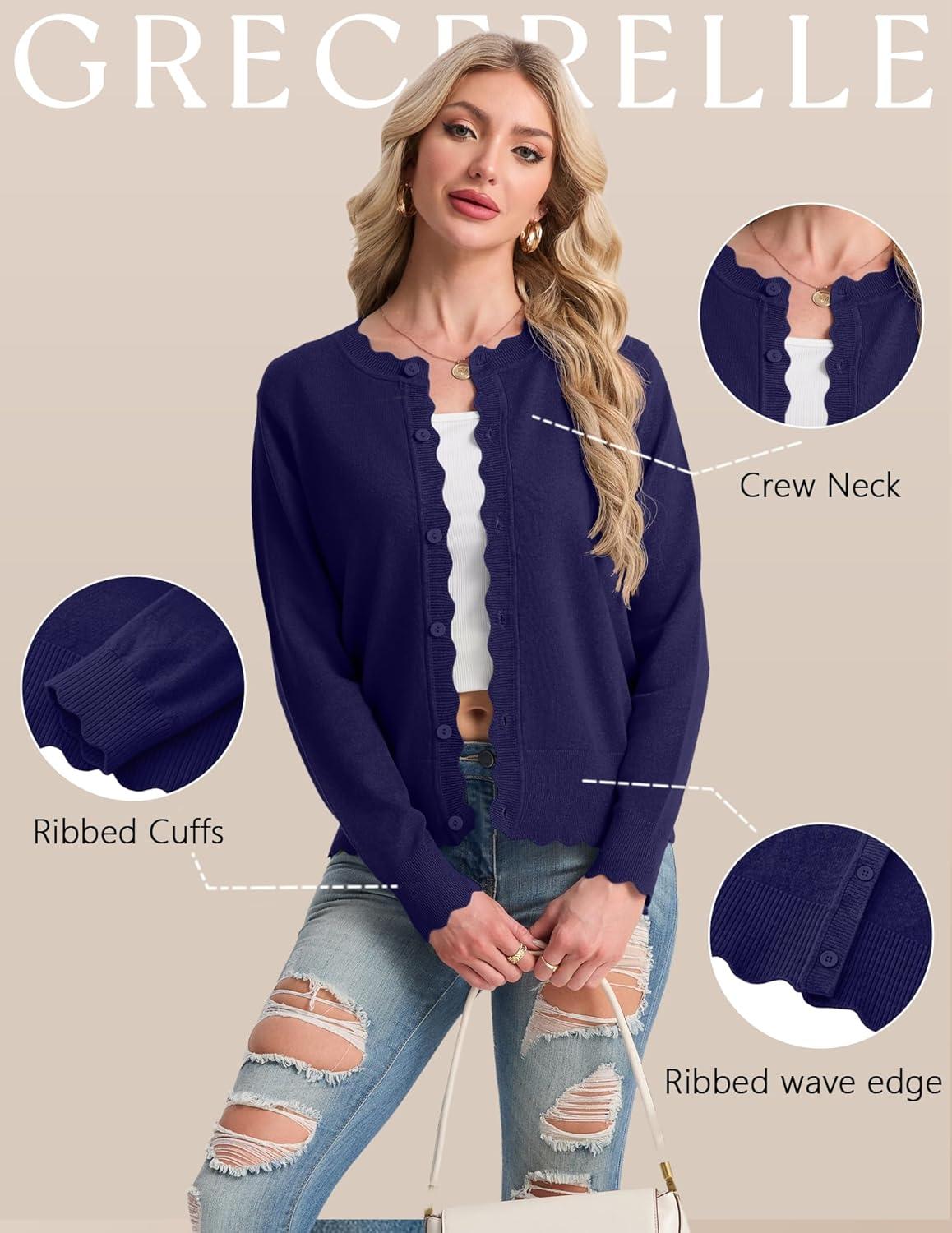 imageGRECERELLE Womens Lightweight Cardigan Casual Knit Open Front Button Scalloped Edge Sweater for Office Work CasualButter Yellow