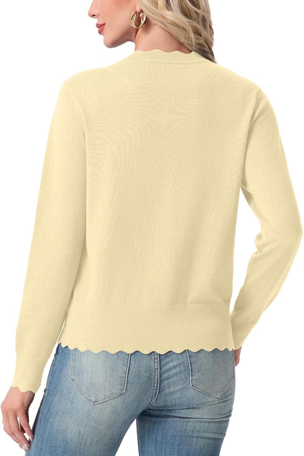 imageGRECERELLE Womens Lightweight Cardigan Casual Knit Open Front Button Scalloped Edge Sweater for Office Work CasualButter Yellow