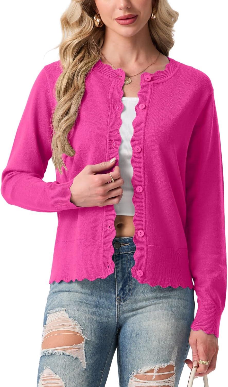 imageGRECERELLE Womens Lightweight Cardigan Casual Knit Open Front Button Scalloped Edge Sweater for Office Work CasualHot Pink