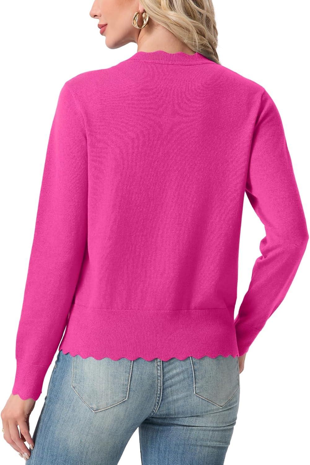 imageGRECERELLE Womens Lightweight Cardigan Casual Knit Open Front Button Scalloped Edge Sweater for Office Work CasualHot Pink